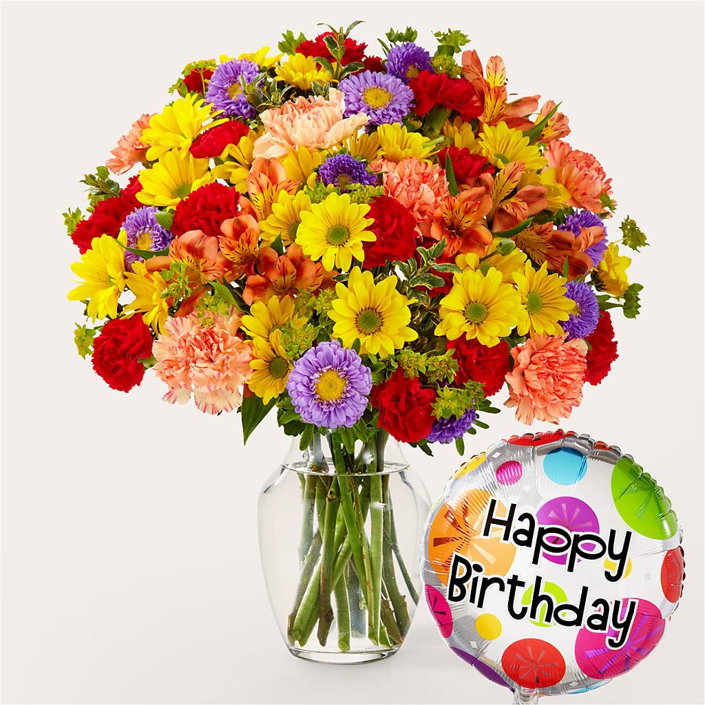 Kaleidoscope Bouquet with Birthday Balloon – Jy Floristeria, Trenton NJ