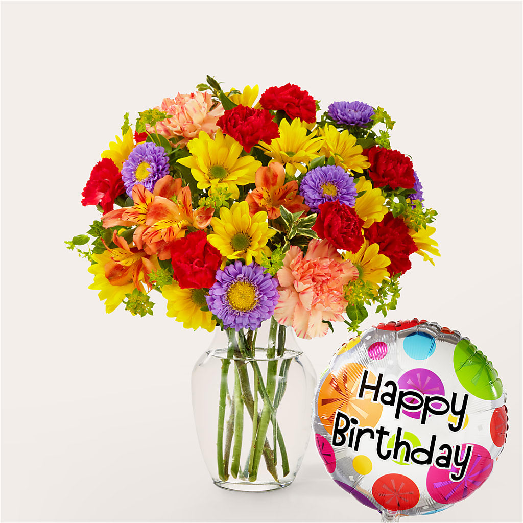 Kaleidoscope Bouquet with Birthday Balloon – Jy Floristeria, Trenton NJ