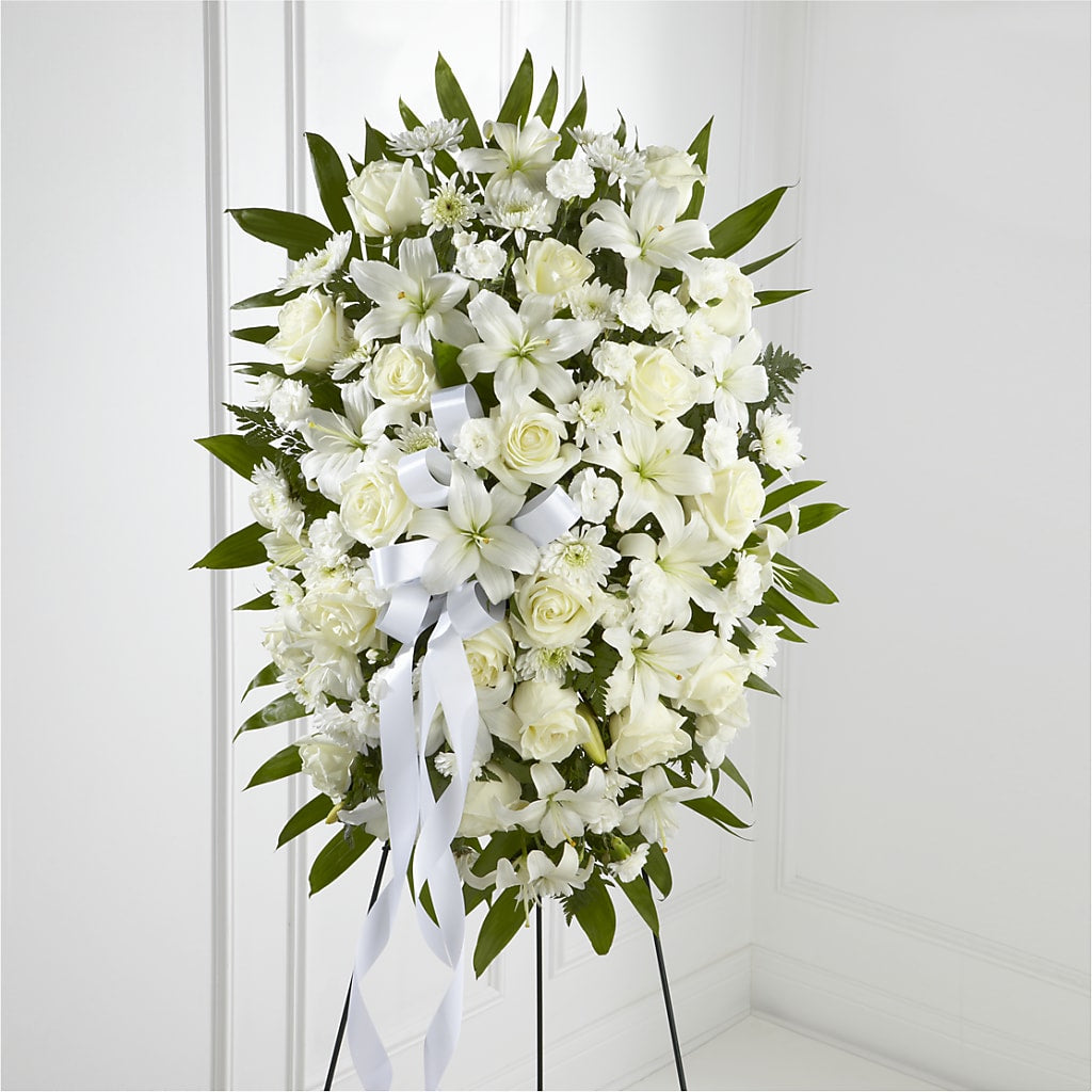 Exquisite Tribute Standing Spray-White Ribbon – Jy Floristeria, Trenton NJ