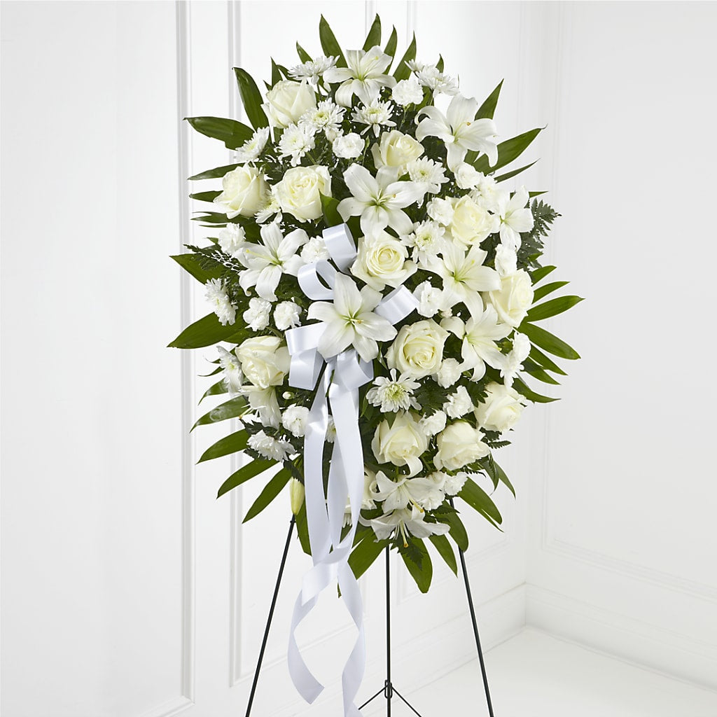 Exquisite Tribute Standing Spray-White Ribbon – Jy Floristeria, Trenton NJ
